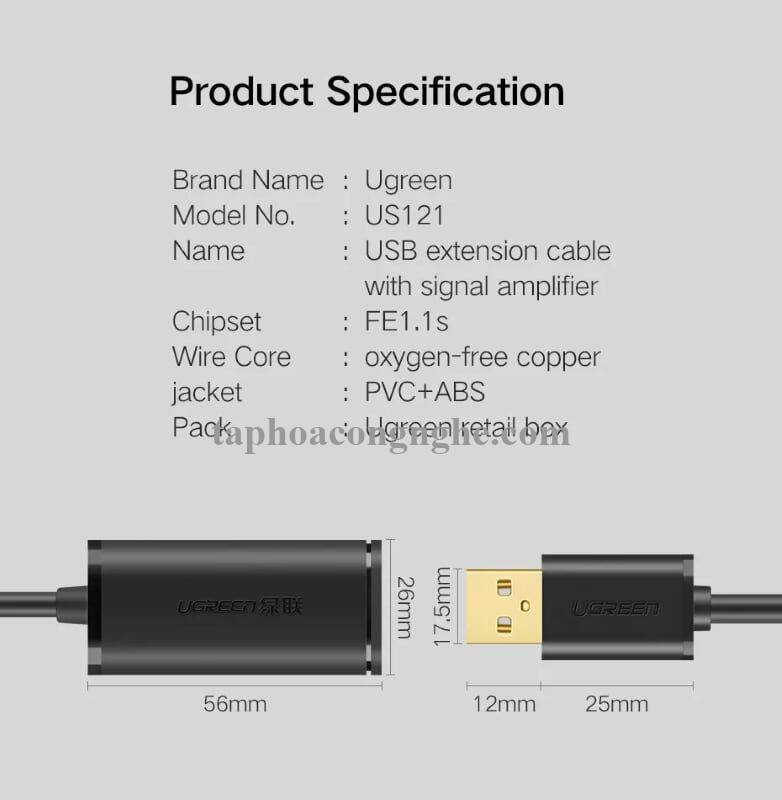 Ugreen 10326 30M màu Đen Cáp tín hiệu nối dài USB 2.0 có chip khuếch đại cao cấp US121 30010326
